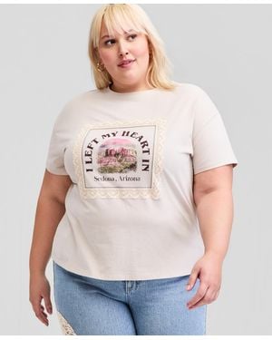 And Now This Trendy Plus Size Lace-trim Graphic Print Cotton T-shirt - Natural