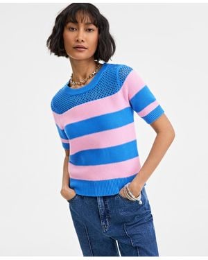 On 34th Cotton Striped Perforated-stitch Sweater - Blue