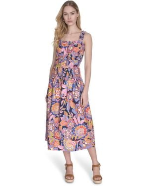 Eliza J Petite Cotton Smocked-waist Floral-print Dress - Red