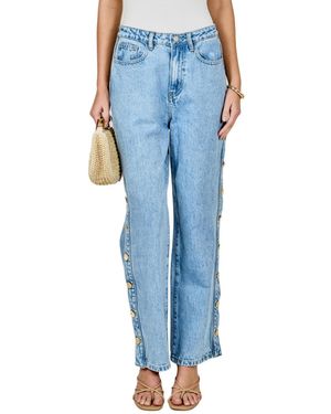 Endless Rose Mid-waisted Side Buttoned Jeans - Blue