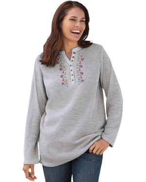 Woman Within Plus Size Within Embroidered Thermal Henley Tee - Gray