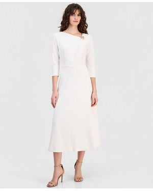 Anne Klein Asymmetric-neck 3/4-sleeve Midi Dress - White