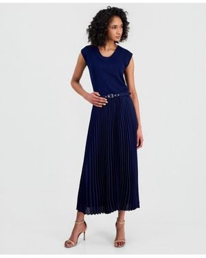 Anne Klein Belted Pull-on Pleated Midi Skirt - Blue
