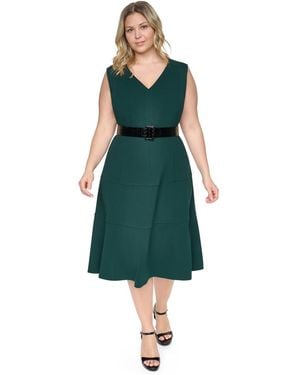 DKNY Plus Size V-neck A-line Midi Dress - Green