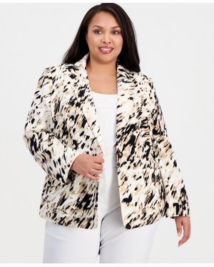 Kasper Plus Size Printed One-button Long-sleeve Blazer - White