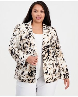 Kasper Plus Size Printed One-button Long-sleeve Blazer - White