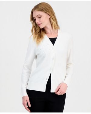 Kasper Long-sleeve Floral Lace-applique Button-up Cardigan - White