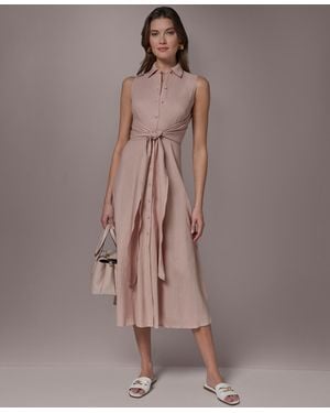 Donna Karan Weekend Collared Sleeveless Tie Overlay Dress - Brown