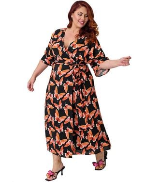 Unique Vintage Plus Size Tie Wrap Surplice Midi Dress - Red