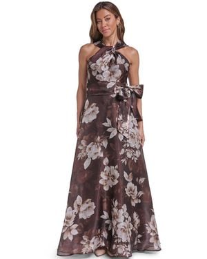 Eliza J Twist Neck Ballgown Floral Halter Wedding Guest Gown - Purple