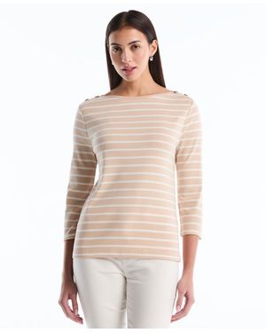 Rafaella Petite Stripe Button Detail Boat Neck Top - Natural