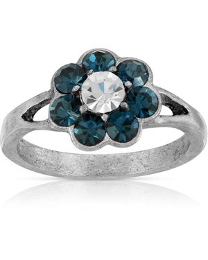 2028 Pewter Crystal Flower Ring - Blue