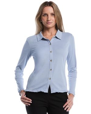 Rafaella Petite Long-sleeve Ruffle-trim Cotton Shirt - Blue