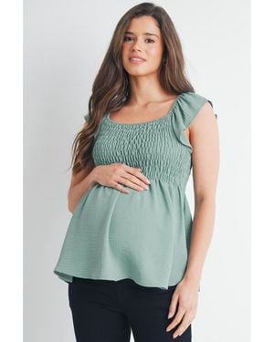 Hello Miss Maternity Smocked Flutter Sleeve Square Neck Top - Green