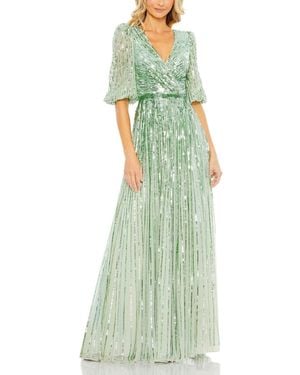 Mac Duggal Sequined Wrap Over 3/4 Sleeve Gown - Green