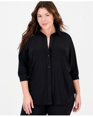 Anne Klein Essentials Plus Size Long-sleeve Button-up Blouse - Black