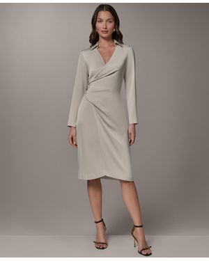 Donna Karan Long-sleeve Satin Collared V-neck Midi Wrap Dress - Gray