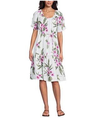 Lands' End Puff Sleeve Pleated Linen Knee Length Dress - White