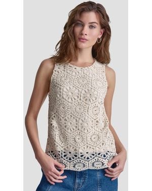 DKNY Petite Crochet Crewneck Knit Tank Top - Gray