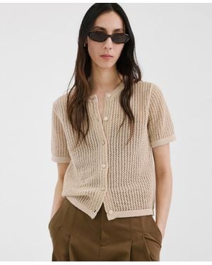 Mango Lace Design Short-sleeved Knitted Cardigan Sweater - Natural