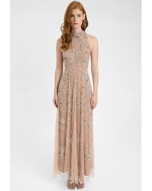 Beauut Embellished Sequin Beaded Maxi Dress With High Neckline With Sleeveless Design - Natural
