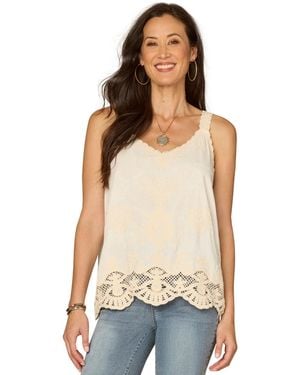 Democracy Petite V-neck Embroidered Woven Tank Top - White