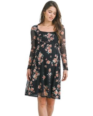 Hello Miss Maternity Floral Square Neck Long Sleeve Dress - Black