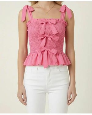 Modenaire Smocked Bow-strap Peplum Top - Pink
