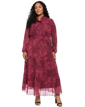 London Times Plus Size Smocked Tiered Maxi Printed Bishop Sleeve Mock Neck Dress