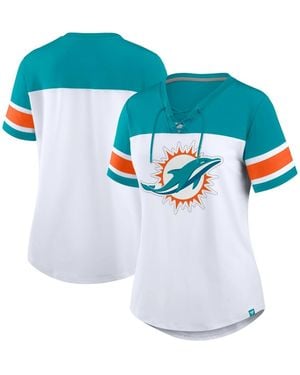 Fanatics White/aqua Miami Dolphins Athena Rhinestone Lace-up V-neck T-shirt - Blue