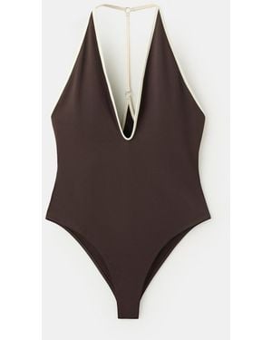 Mango Contrasting Trim V-neck Swimsuit - Brown