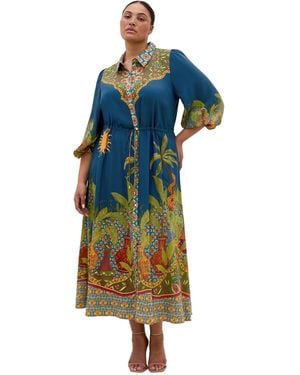 City Chic Plus Size Fools Paradise Print Collared 3/4-sleeve Maxi Dress - Blue