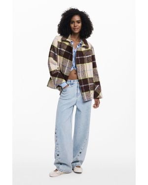 Desigual Checked Short Double-breasted Coat - Blue