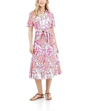 Fever Button Front Tie Waist Midi Dress - Pink