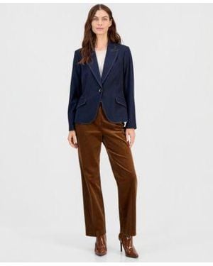 Tahari Denim Single Button Blazer Wide Leg Mid Rise Denim Pants - Blue