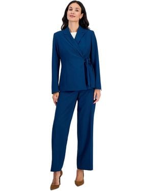 Le Suit Petite Peak-lapel Side-tie Wide-leg Jacket And Pants - Blue