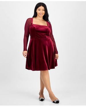 City Studios Trendy Plus Size Mesh-sleeve Velvet Fit & Flare Dress - Red
