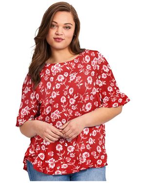 Avenue Plus Size Crew Ruffle Hem Top - Red