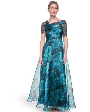 Eliza J Petite Asymmetric Neck Cap-sleeve Ball Gown - Blue