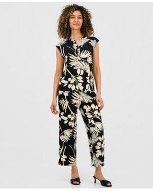 Anne Klein Essentials Petite Printed Short Sleeve Top Cropped Pants - Multicolor