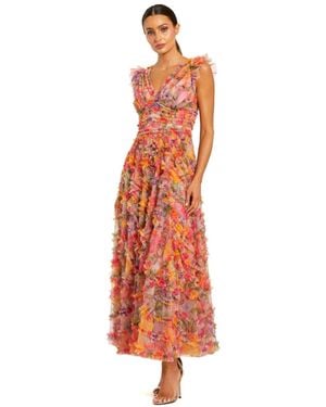 Mac Duggal Floral Mesh Ruffle V Neck Ankle Dress - White