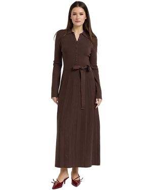 En Saison Collared Button-front Tie-waist Pleated Knit Maxi Dress - Brown