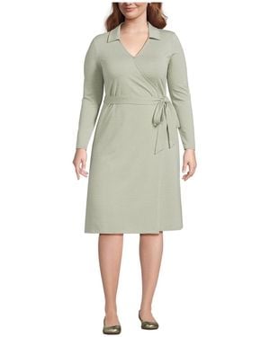 Lands' End Plus Size Cotton Modal Collared Wrap Dress - Green