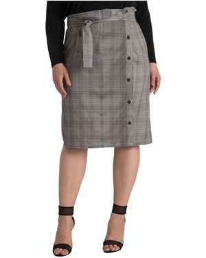 Standards & Practices Plus Size Glen Plaid Suiting Button Front Paper Bag Waist Belted Skirt - Black