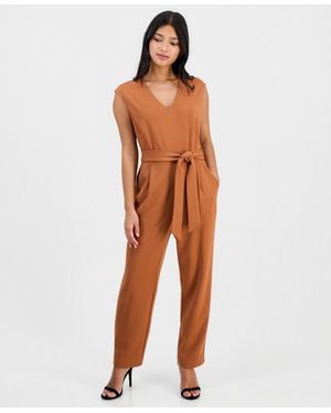 Anne Klein Essentials Petite Belted V-neck Jumpsuit - Blue