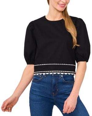 Cece Puff-short-sleeve Round-neck Cotton Top - Black