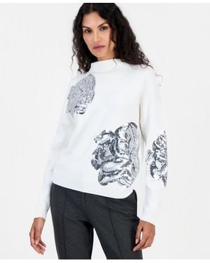 Tahari Sequin-embellished Floral Mock Neck Sweater - White