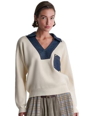 BCBGMAXAZRIA Long-sleeve Collared V-neck Denim Trim Sweater - Gray