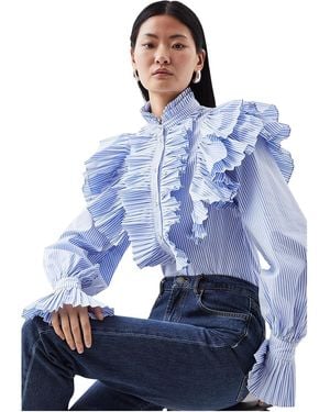 Karen Millen Pleated D Ruffle Woven Shirt - Blue