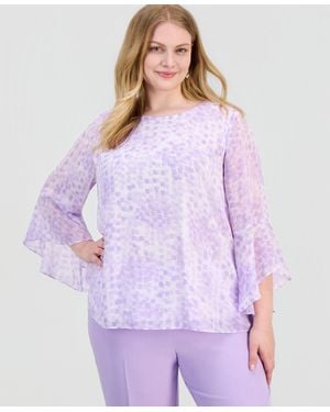 Kasper Plus Size Printed Ruffled-sleeve Blouse - Purple